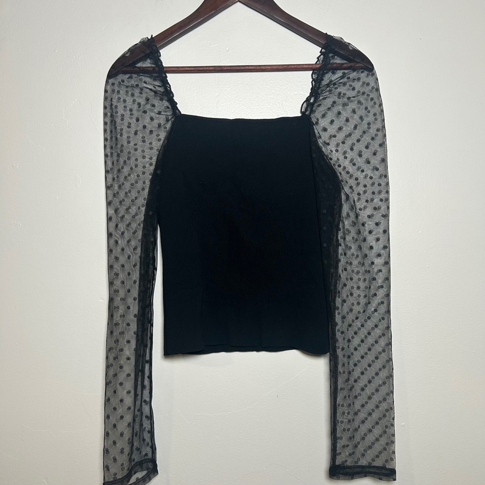 NWT petal + pup Black Square Neck Mesh Dot Sleeve Top Womens MediuM - Picture 2 of 4